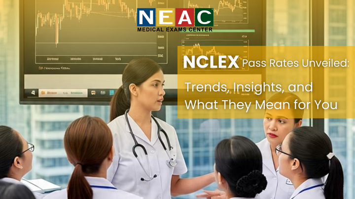 Line graph showing NCLEX pass rate trends from recent years, highlighting first-time NCLEX pass rate, repeat NCLEX pass rate, and IEN NCLEX pass rate statistics.