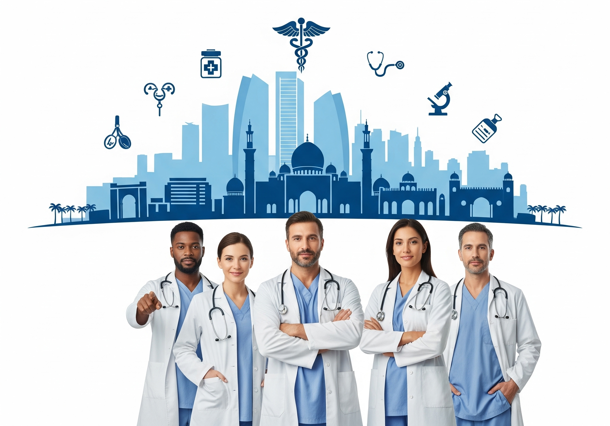 features a diverse group of five medical professionals in the foreground. They are standing confidently in front of a blue-and-white stylized cityscape of Abu Dhabi, which includes famous landmarks like the Sheikh Zayed Grand Mosque.