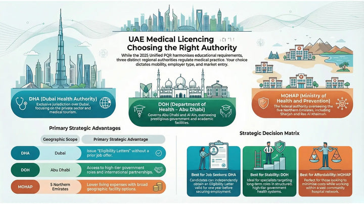 What is the difference between DHA, DOH, and MOHAP?  Choose the one that best matches your qualifications